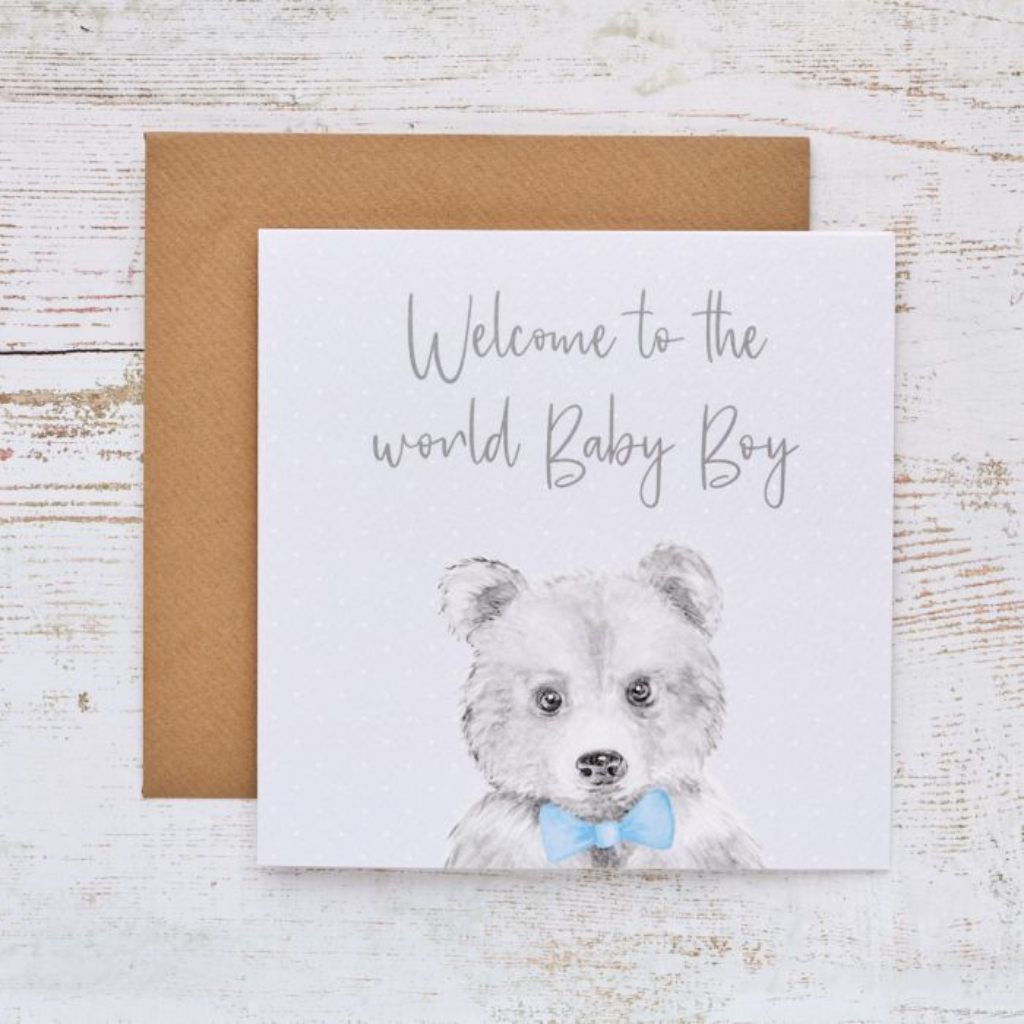 Grey Teddy Bear Welcome Baby Boy Card 4BY324 Richard Langs Mulligans of Ballaghaderreen