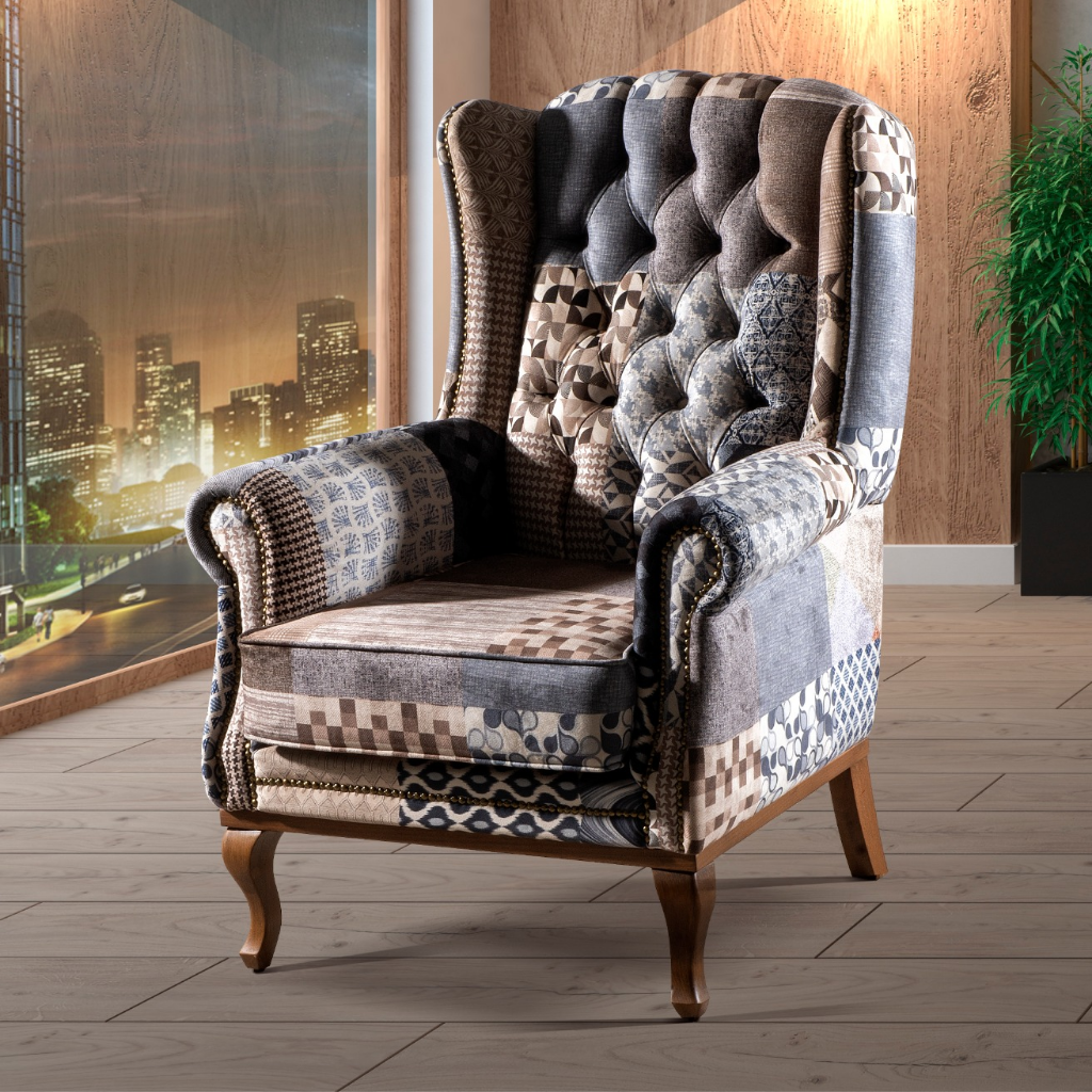 Grey Patchwork Wingback Armchair Mulligans of Ballaghaderreen 