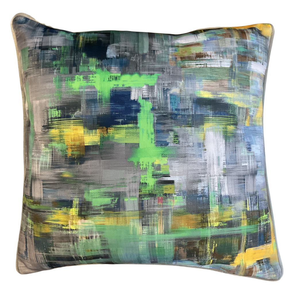 Abstract Blue/Yellow/Green Feather Scatter Cushion ABYGFSC Medicare Textiles Mulligans of Ballaghaderreen
