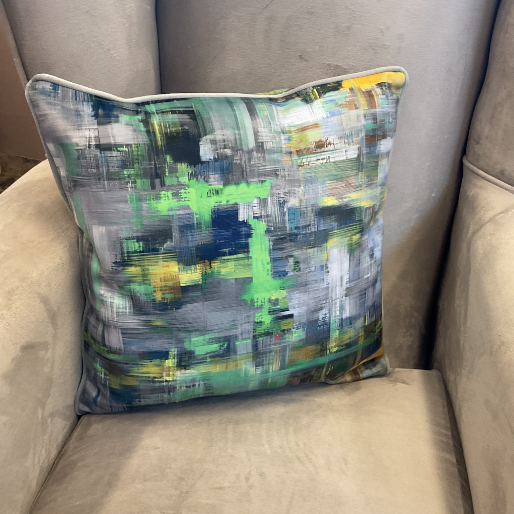 Abstract Blue/Yellow/Green Feather Scatter Cushion ABYGFSC Medicare Textiles Mulligans of Ballaghaderreen