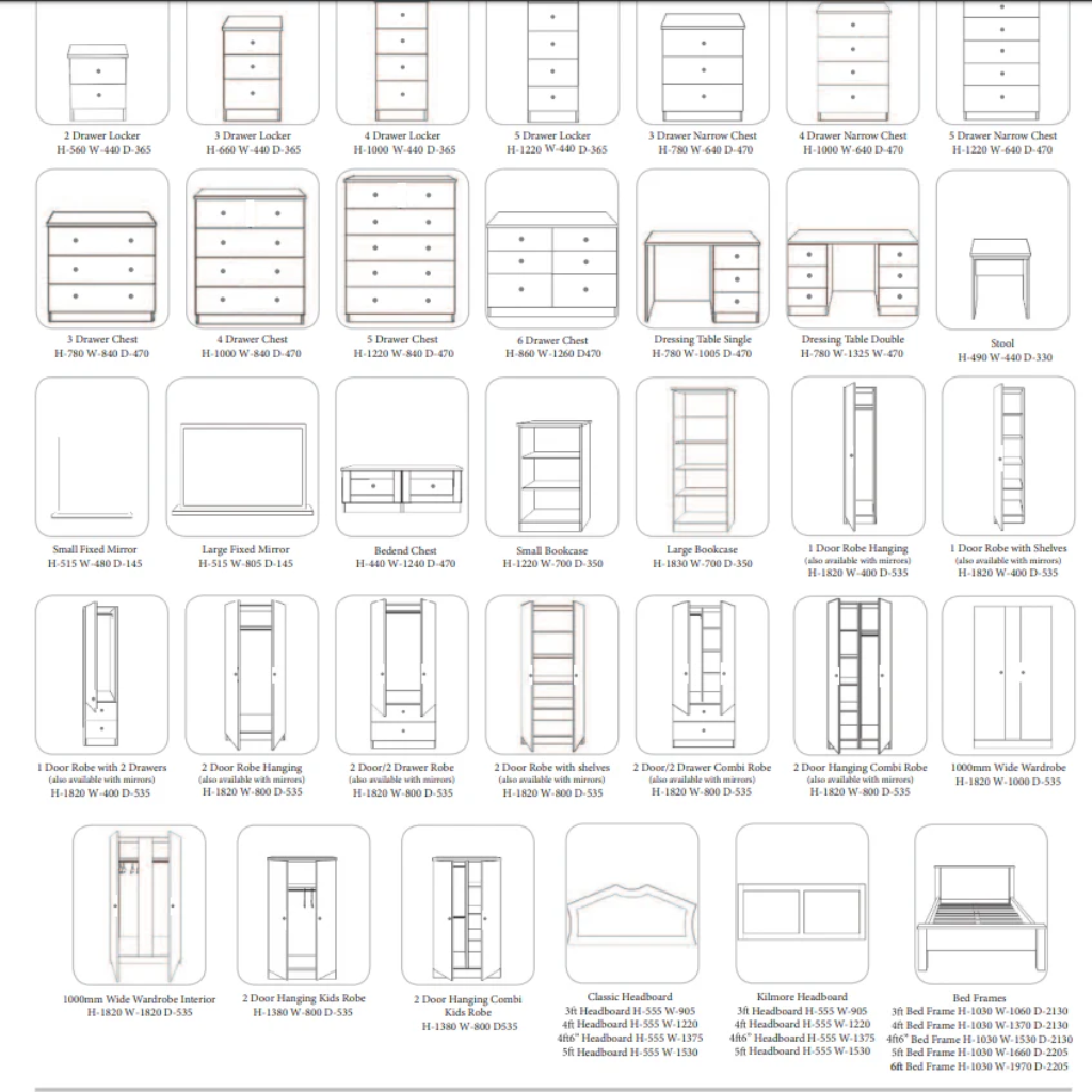 Bedroom Furniture Dimensions card Cedarwood Mulligans of Ballaghaderreen