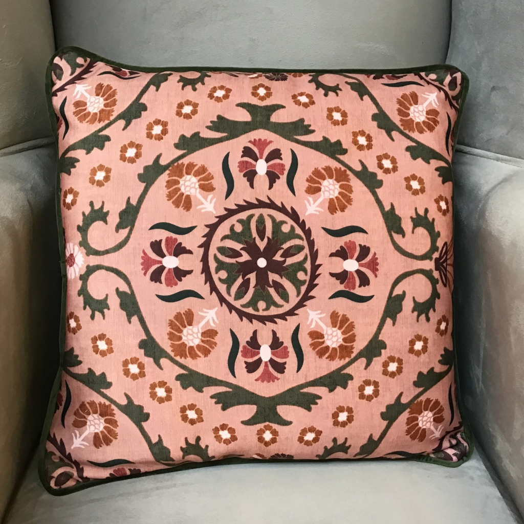 Botanical Floral Coral/Green Feather Cushion PRO_0527 Millford Linen Mulligans of Ballaghaderreen