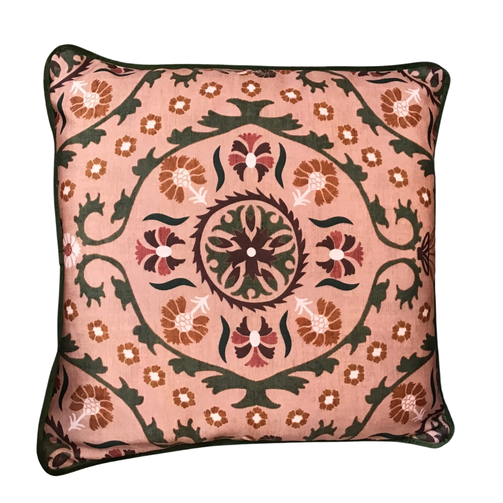 Botanical Floral Coral/Green Feather Cushion PRO_0527 Millford Linen Mulligans of Ballaghaderreen