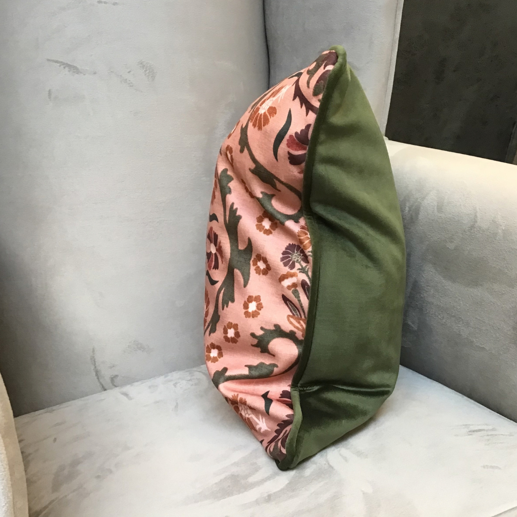 Botanical Floral Coral/Green Feather Cushion PRO_0527 Millford Linen Mulligans of Ballaghaderreen