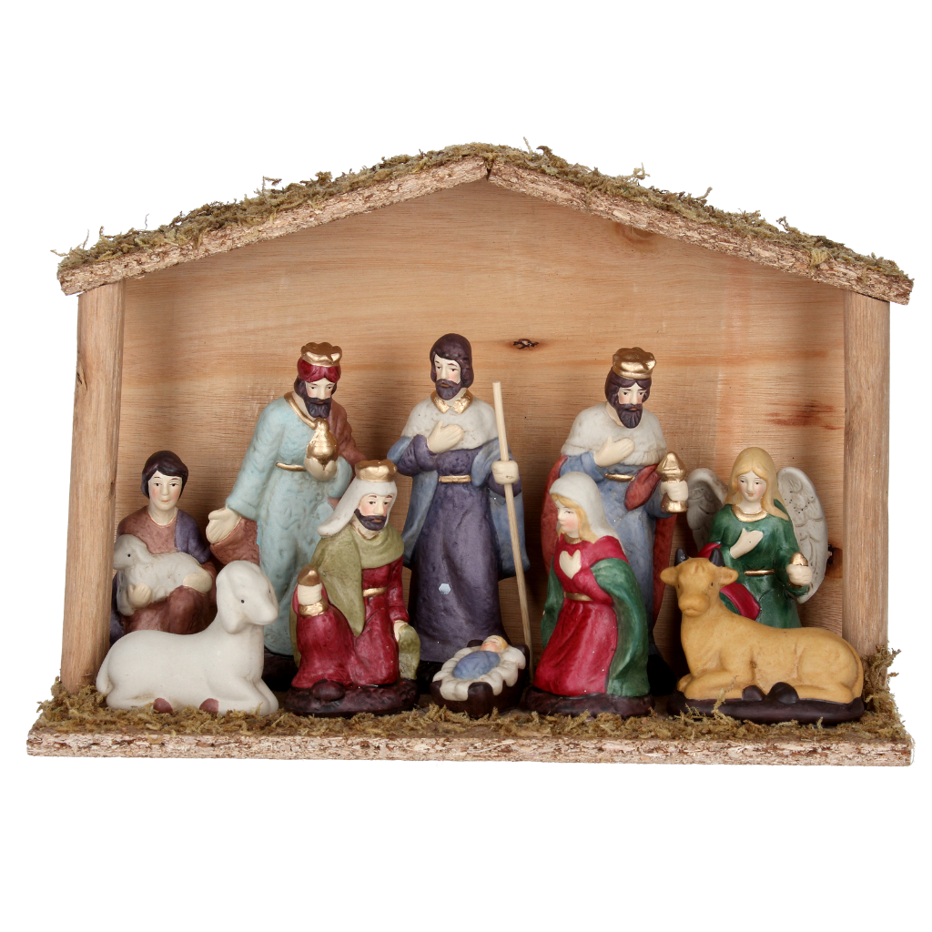 Ceramic Nativity In Wood Stable Orn 39629 Gisela Graham  Mulligans of Ballaghaderreen 