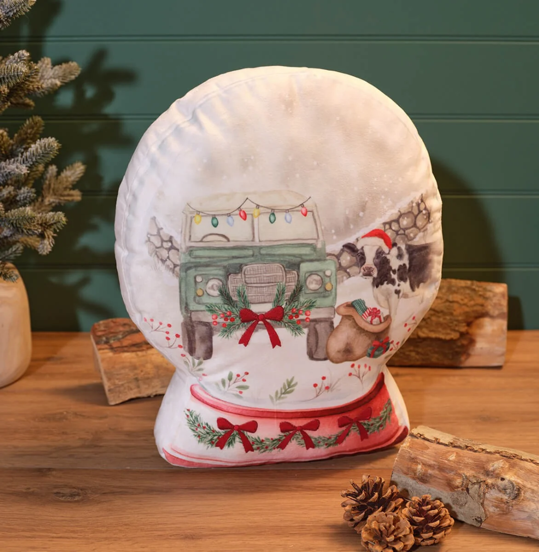 Christmas Cushion Farm Printed With Embroidered Velour Snowglob 4CF107 Richard Lang Mulligans of Ballaghaderreen