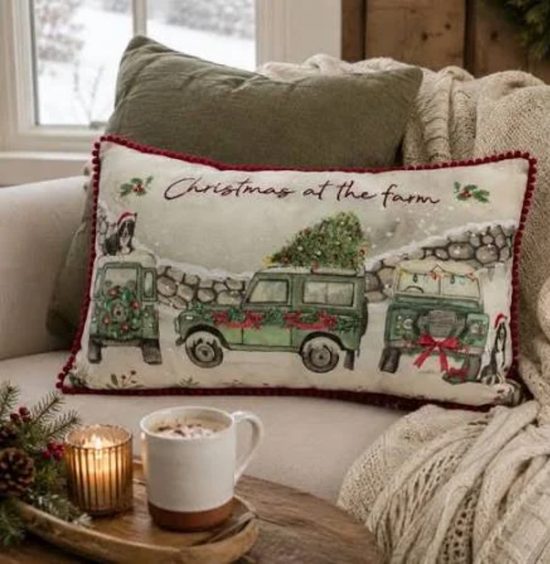 Christmas Cushion Farm Scene With Landy And Collie Dog Pom Pom Trim 4CF106 Richard Lang Mulligans of Ballaghaderreen