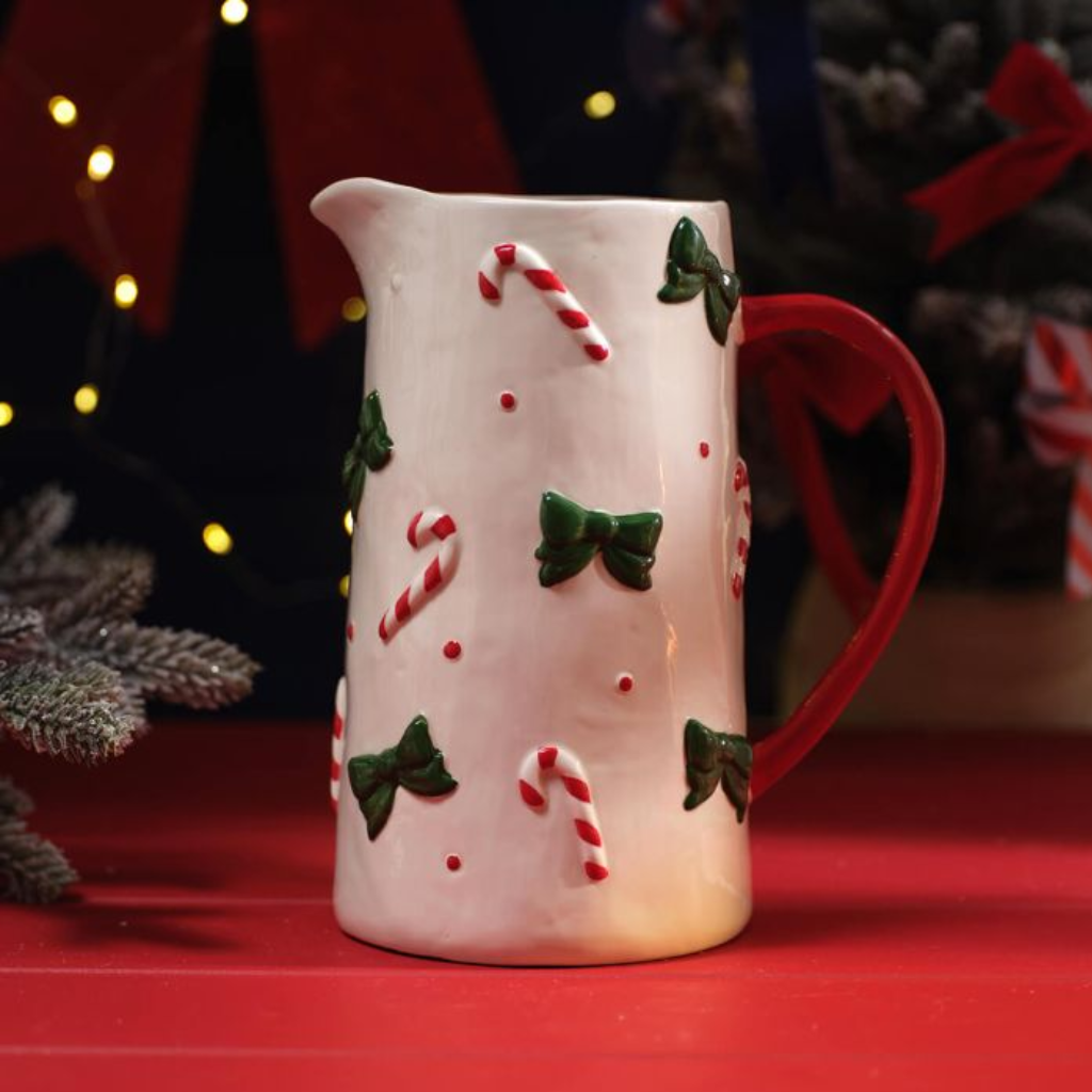 Embossed Ceramic Decorative Bow And Candy Cane Tall Jug 7XB103 Richard Langs Mulligans of Ballaghaderreen