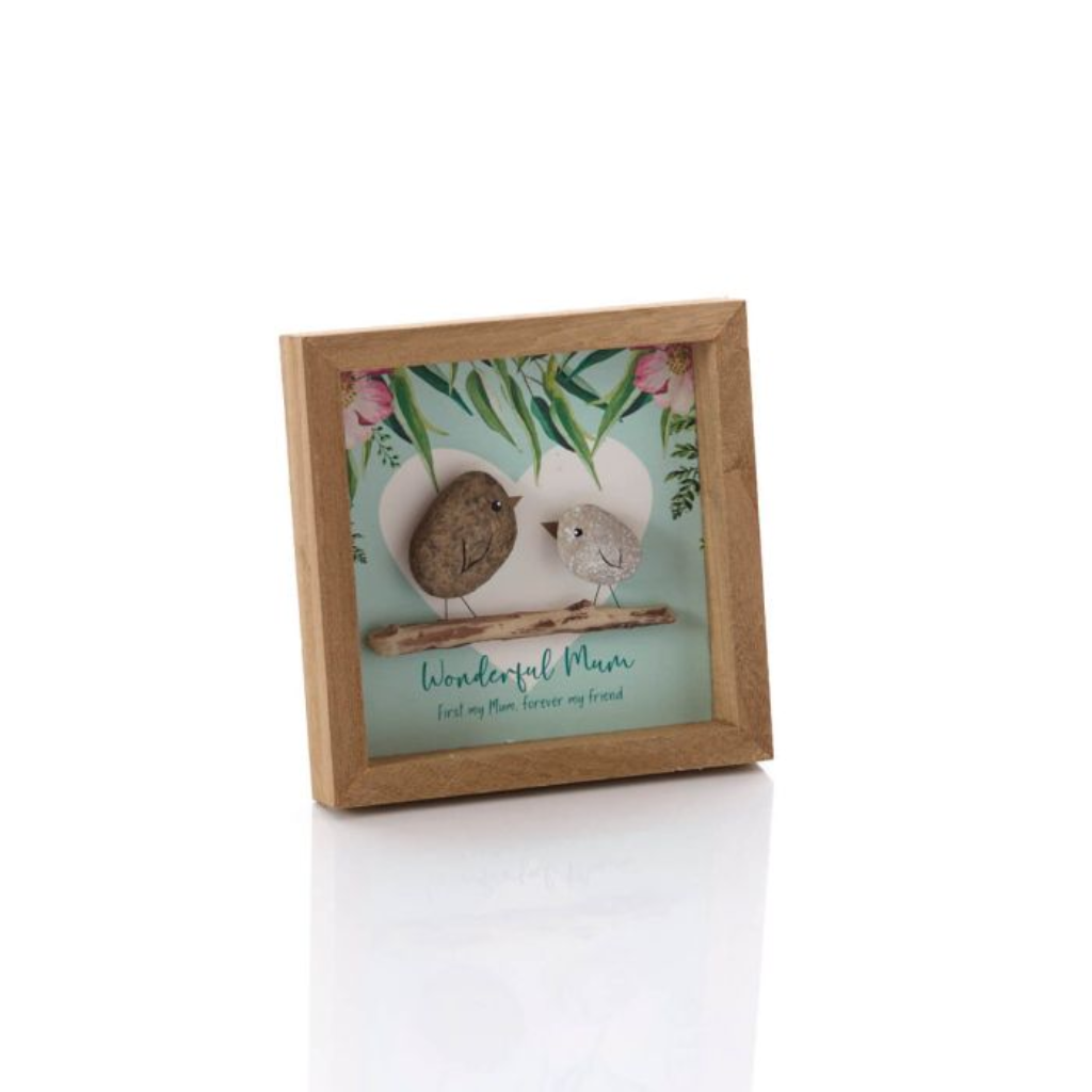 FLORAL FEATHERED WOOD FRAMED MUM PLAQUE WITH RESIN BIRDS 8FE121 Richard Langs Mulligans of Ballaghaderreen 