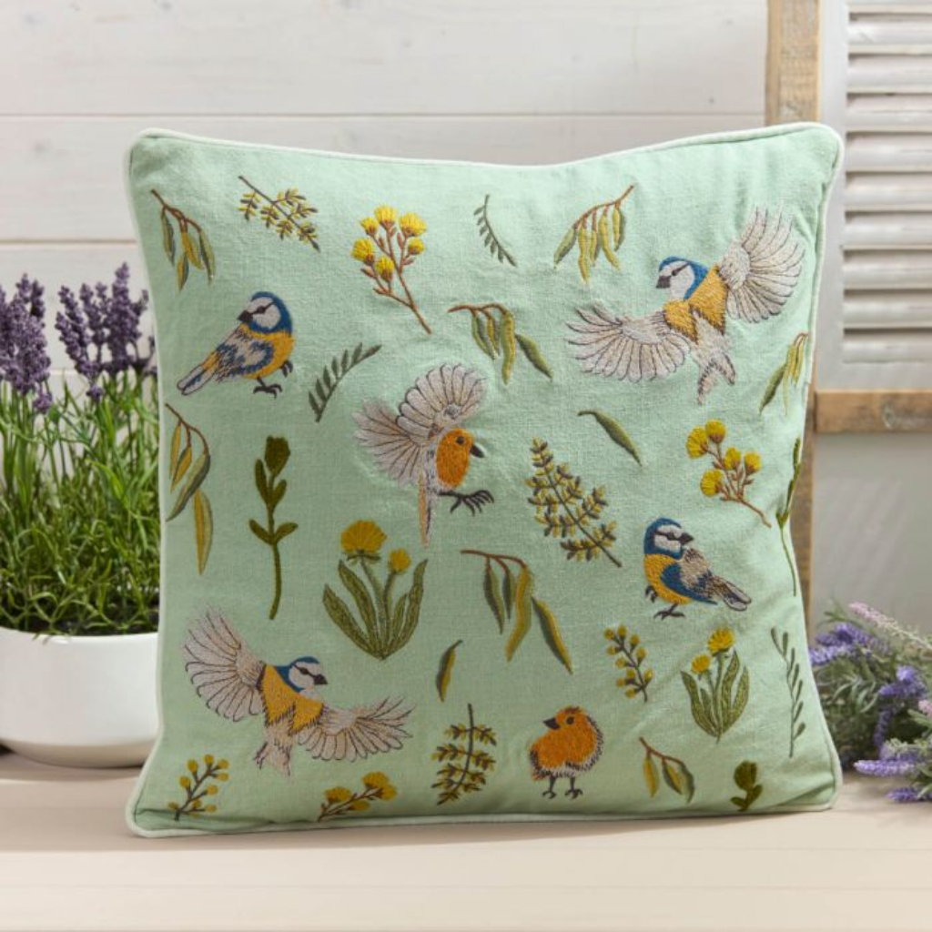 Feathered Birds with Flowers Cotton Cushion 4FE150 Richard Langs Mulligans of Ballaghaderreen