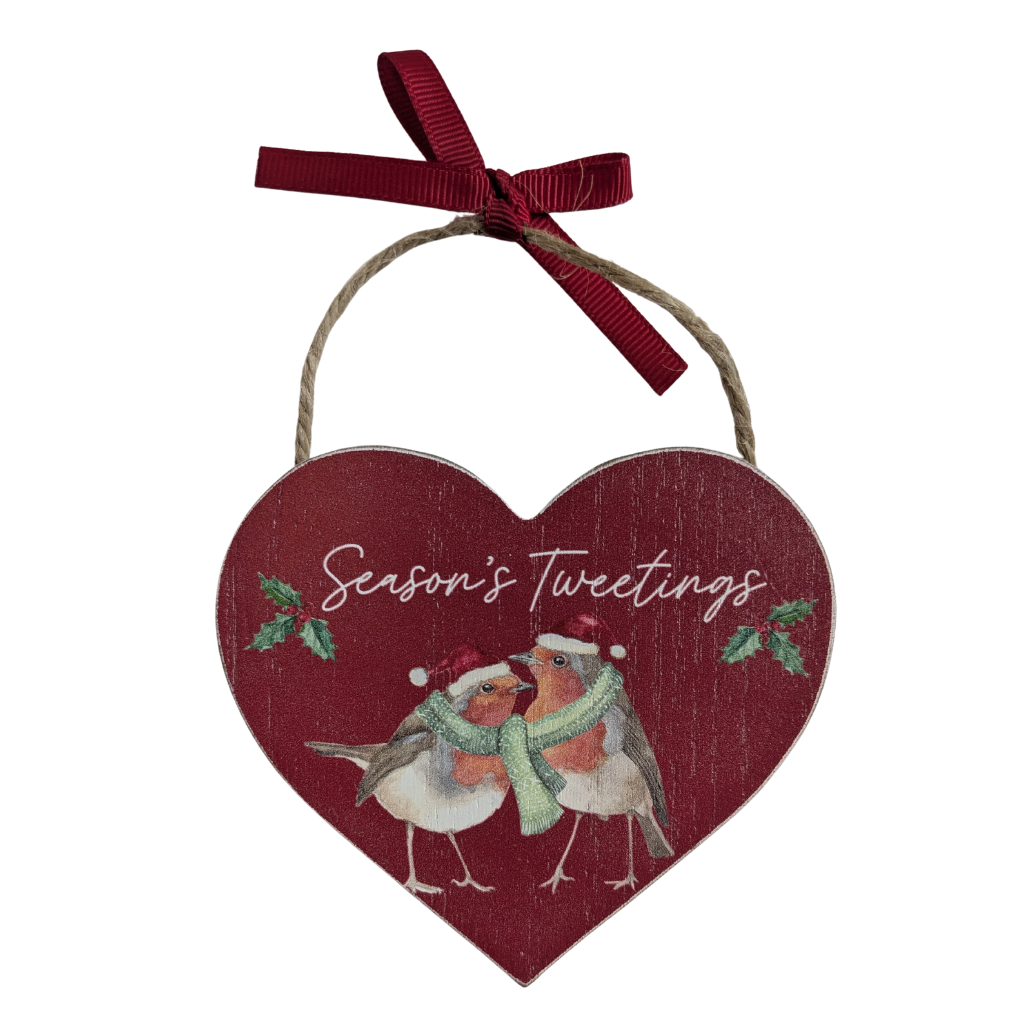 Festive Robin Wooden Heart Hangers 8XA533 Richard Langs Mulligans of Ballaghaderreen 