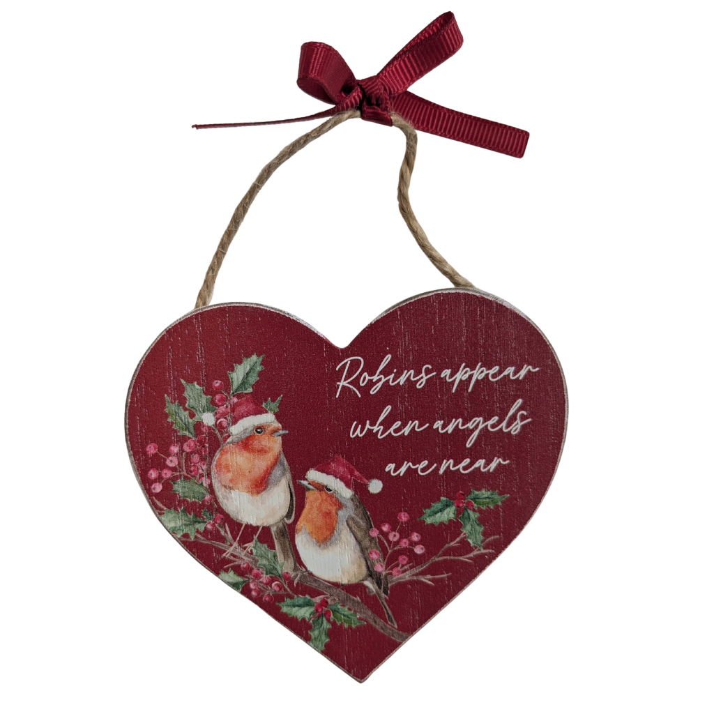 Festive Robin Wooden Heart Hangers 8XA533 Richard Langs Mulligans of Ballaghaderreen 