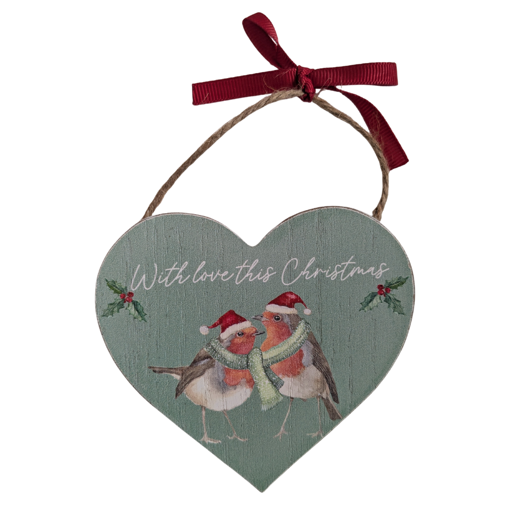 Festive Robin Wooden Heart Hangers 8XA533 Richard Langs Mulligans of Ballaghaderreen 