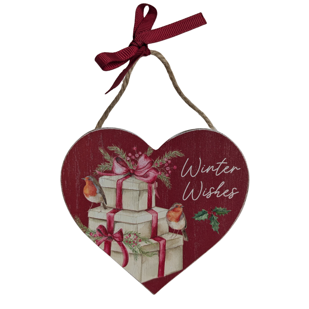 Festive Robin Wooden Heart Hangers 8XA533 Richard Langs Mulligans of Ballaghaderreen 