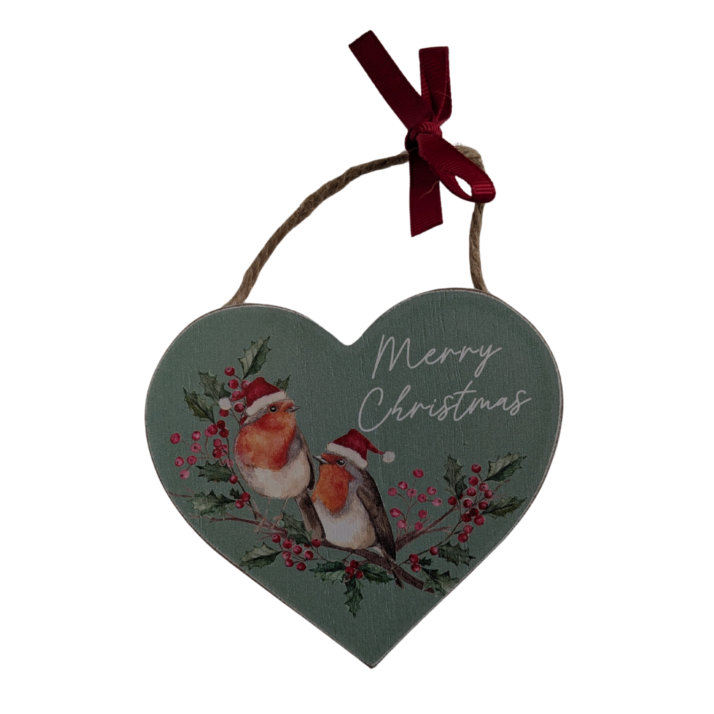 Festive Robin Wooden Heart Hangers 8XA533 Richard Langs Mulligans of Ballaghaderreen 