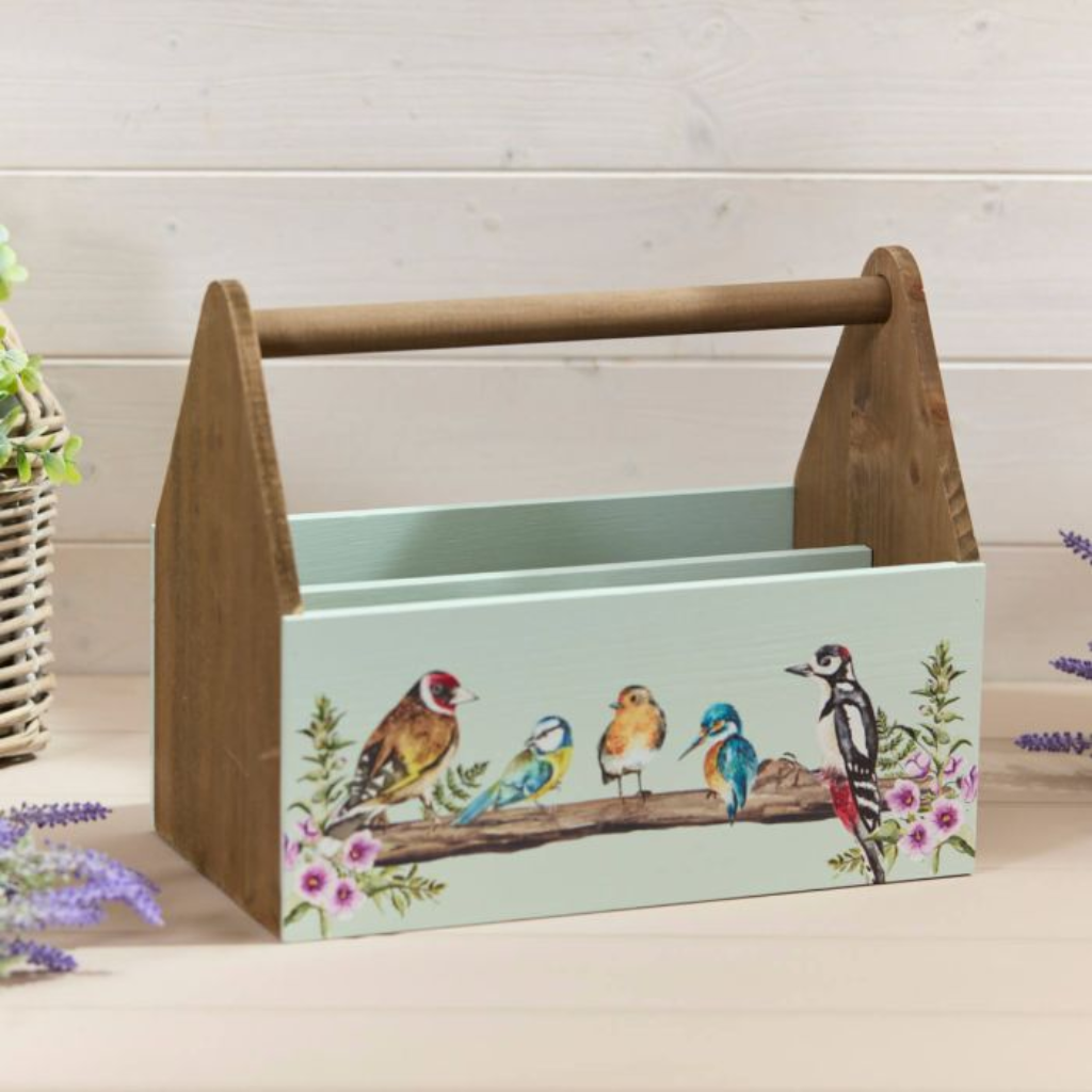 Floral Feathered Wood Bird Caddy with Handle 8FE131 Richard Langs Mulligans of Ballaghaderreen 