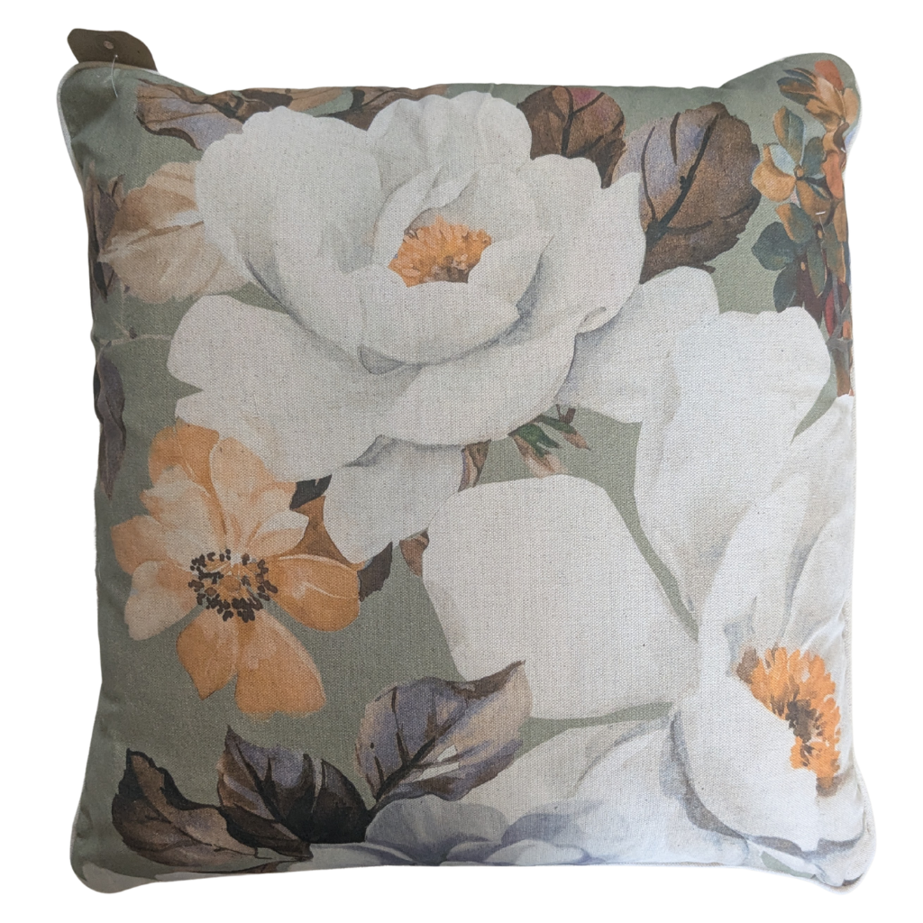 Floral Peony Green and Mustard Feather Scatter Cushion FPGMFSC Milford Linen Mulligans of Ballaghaderreen