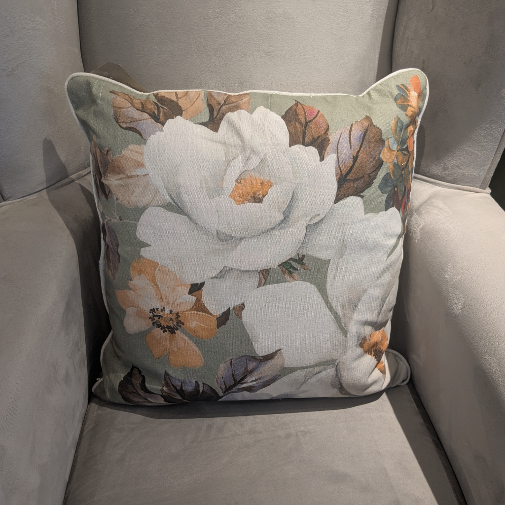 Floral Peony Green and Mustard Feather Scatter Cushion FPGMFSC Milford Linen Mulligans of Ballaghaderreen