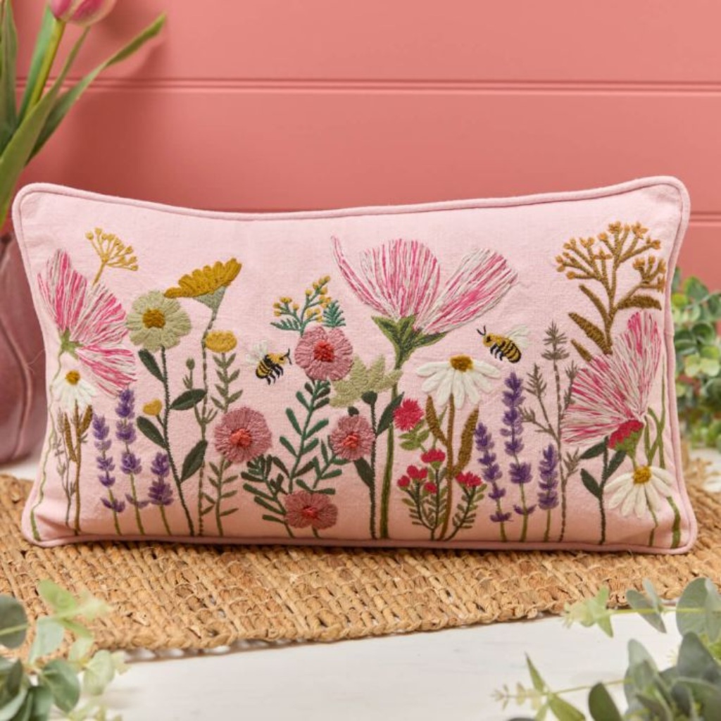 Floral Pink Embroidered Rectangular Cushion 4FD380 Richard Langs Mulligans of Ballaghaderreen
