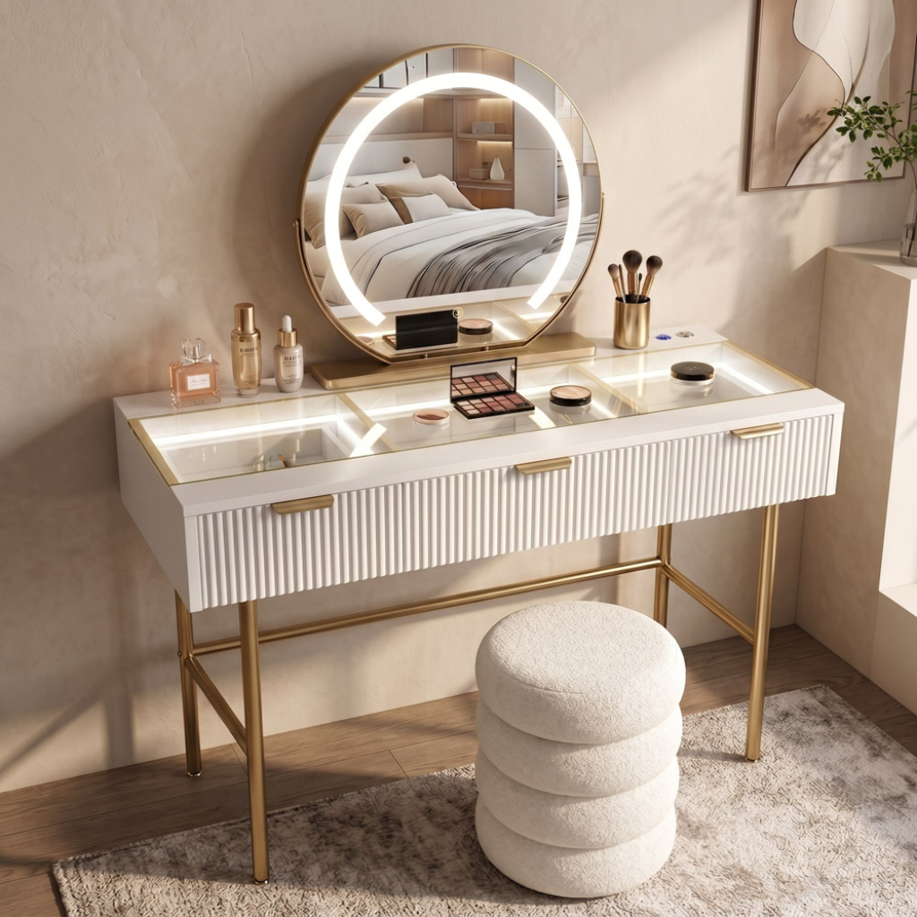 Gia Plus Hollywood Dressing Table and Stool Set - White TL7468 Mulligans of Ballaghaderreen