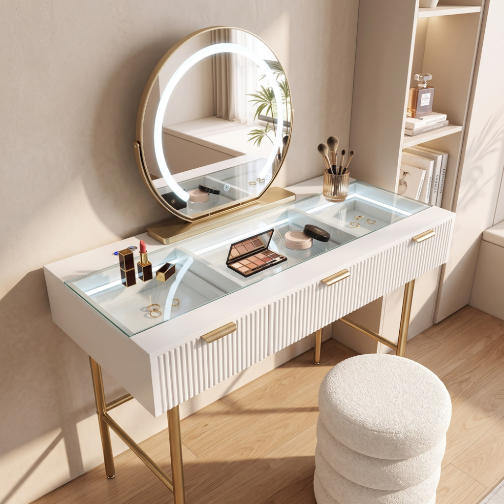 Gia Plus Hollywood Dressing Table and Stool Set - White TL7468 Mulligans of Ballaghaderreen