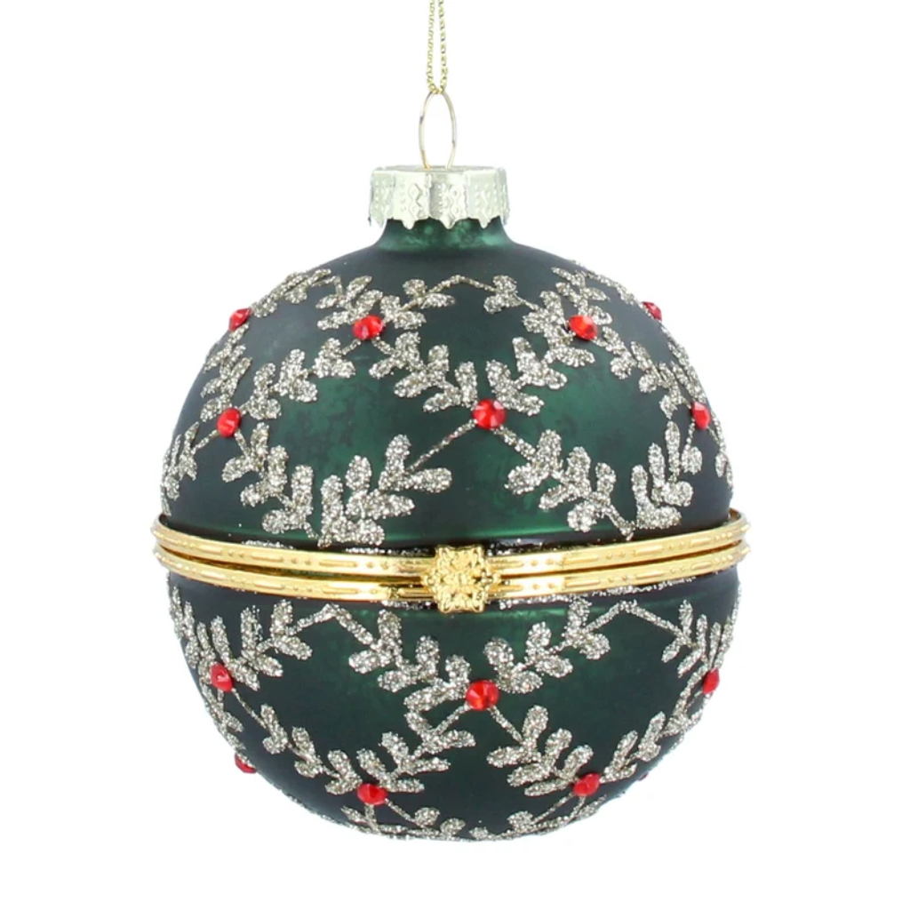 Green/Glitter Leaf Trellis Glass Ball Container 1997 Gisela Graham Mulligans of Ballaghaderreen
