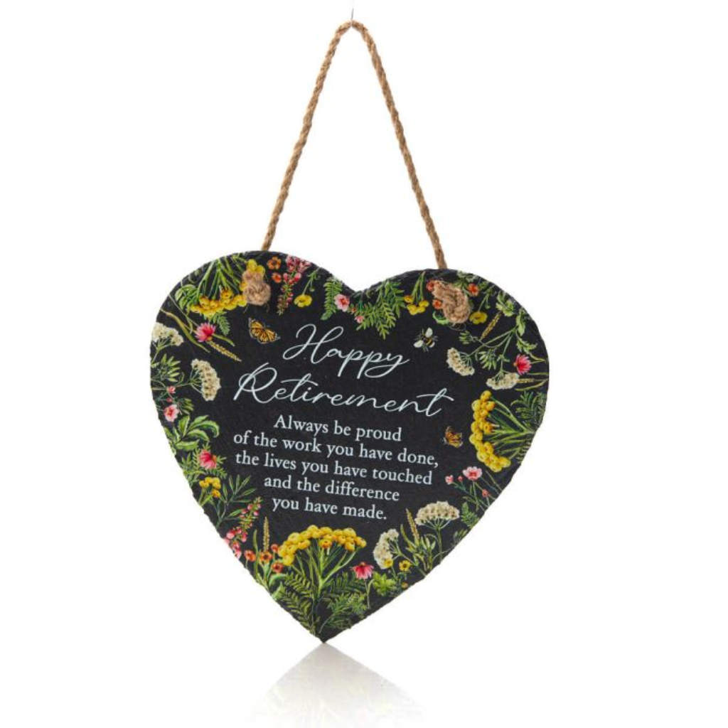 "Happy Retirement" Wildflower Slate Heart Hanger 7WF339 Richard Langs Mulligans of Ballaghaderreen