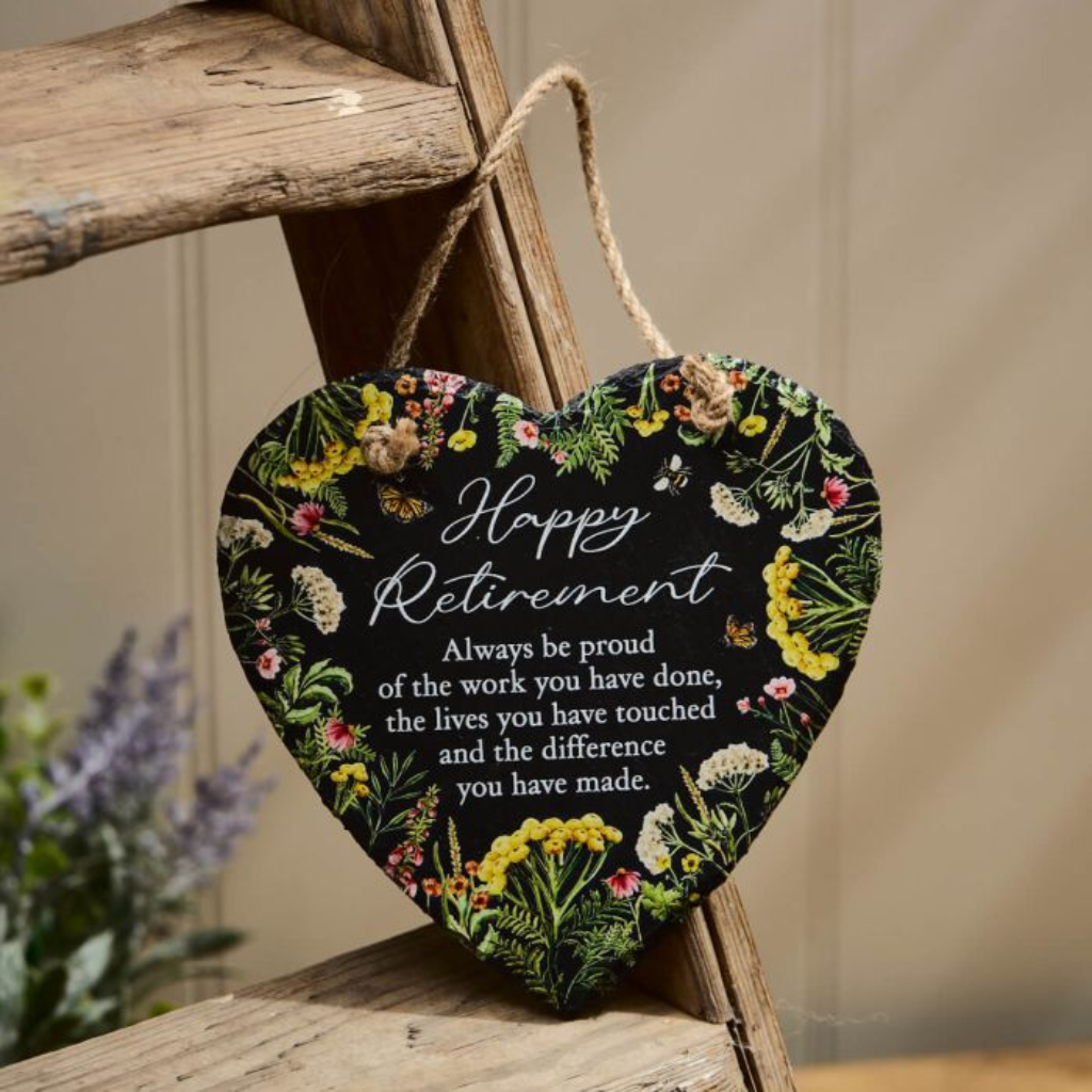 "Happy Retirement" Wildflower Slate Heart Hanger 7WF339 Richard Langs Mulligans of Ballaghaderreen
