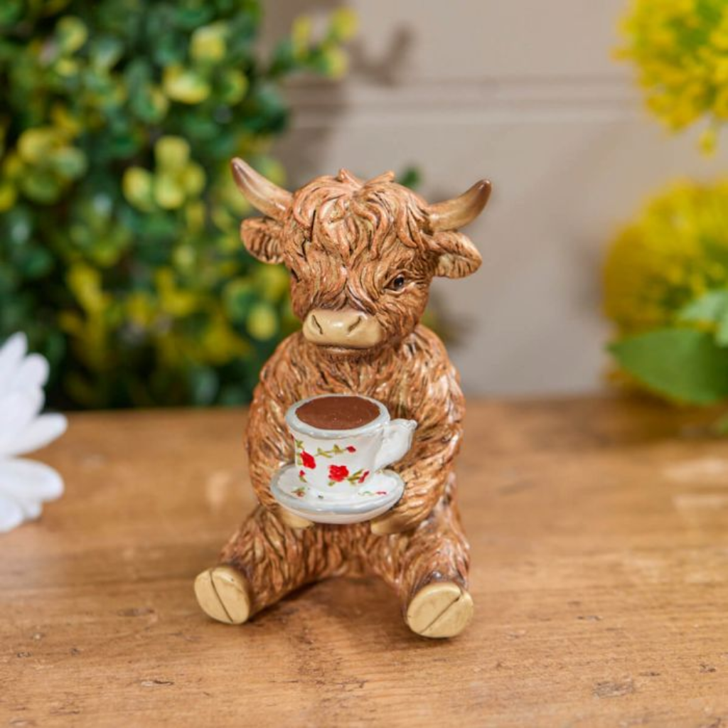 Highland Cow with Teacup Ornament 7HL353 Richard Langs Mulligans of Ballaghaderreen