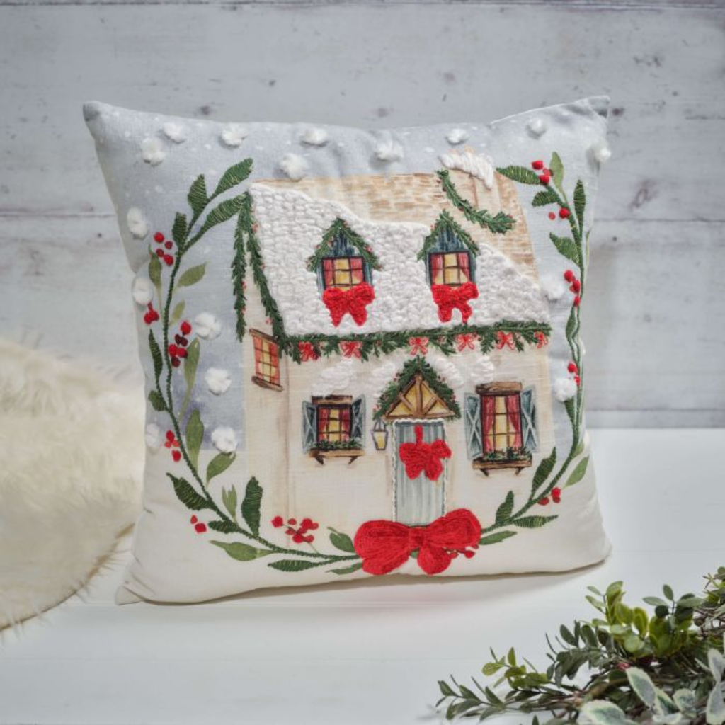 Holly Cottage Scene Embroidered Cotton Velvet Cushion 4HC420 Richard Lang  Mulligans of Ballaghaderreen