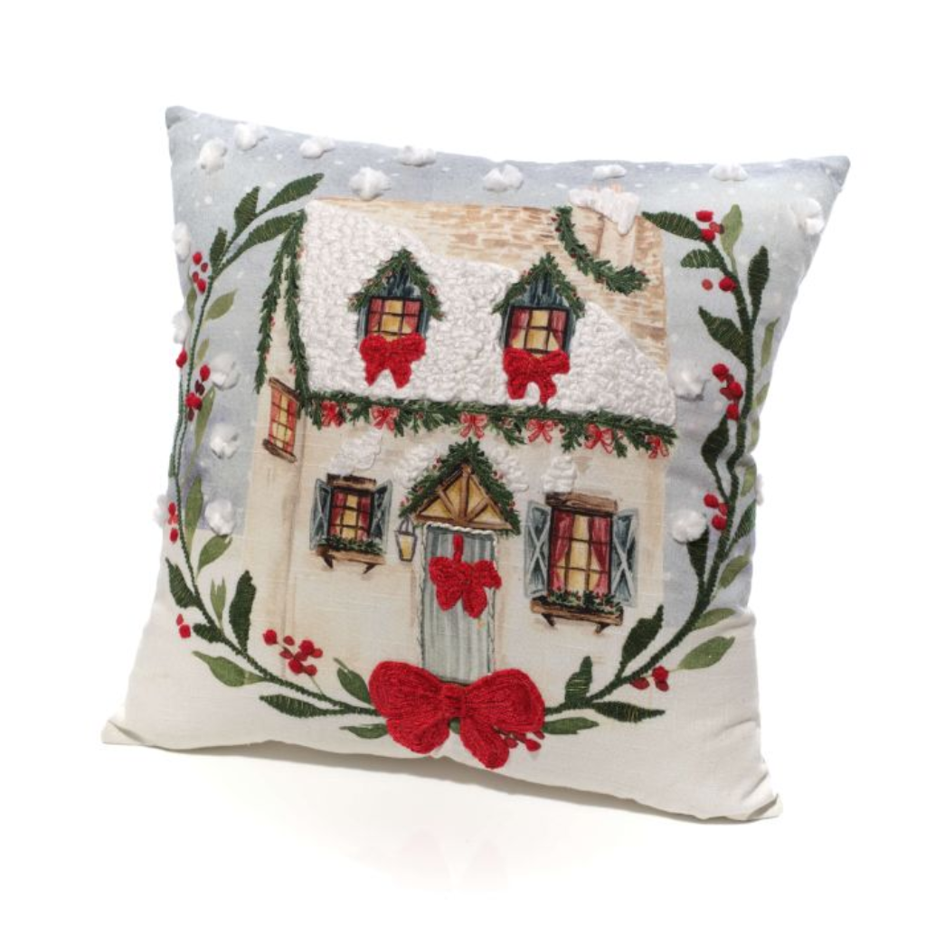 Holly Cottage Scene Embroidered Cotton Velvet Cushion 4HC420 Richard Lang  Mulligans of Ballaghaderreen