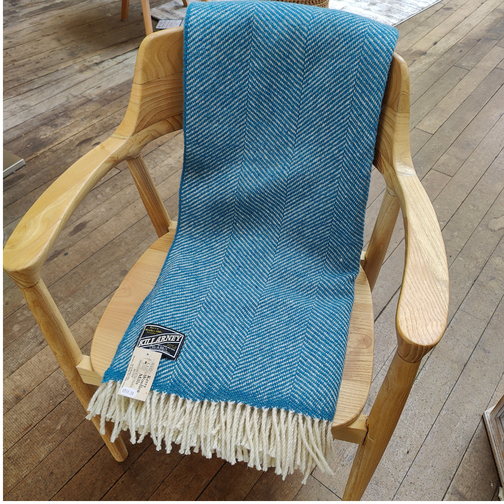 Kerry Woolen Mills 100% Wool Throw - Herringbone Blue KWMBlue Newgrange Living Collection Mulligans of Ballaghaderreen