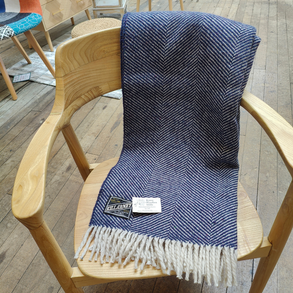 Kerry Woolen Mills 100% Wool Throw - Herringbone Navy KWMNavy Kerry Woolen Mills Mulligans of Ballaghaderreen