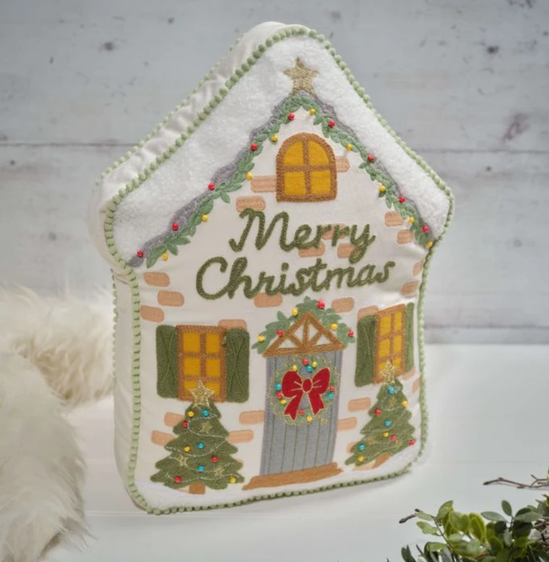 Merry Christmas' Pom Pom Trim and Embroidered House Shaped Cushion 4CH408 Richard Lang Mulligans of Ballaghaderreen