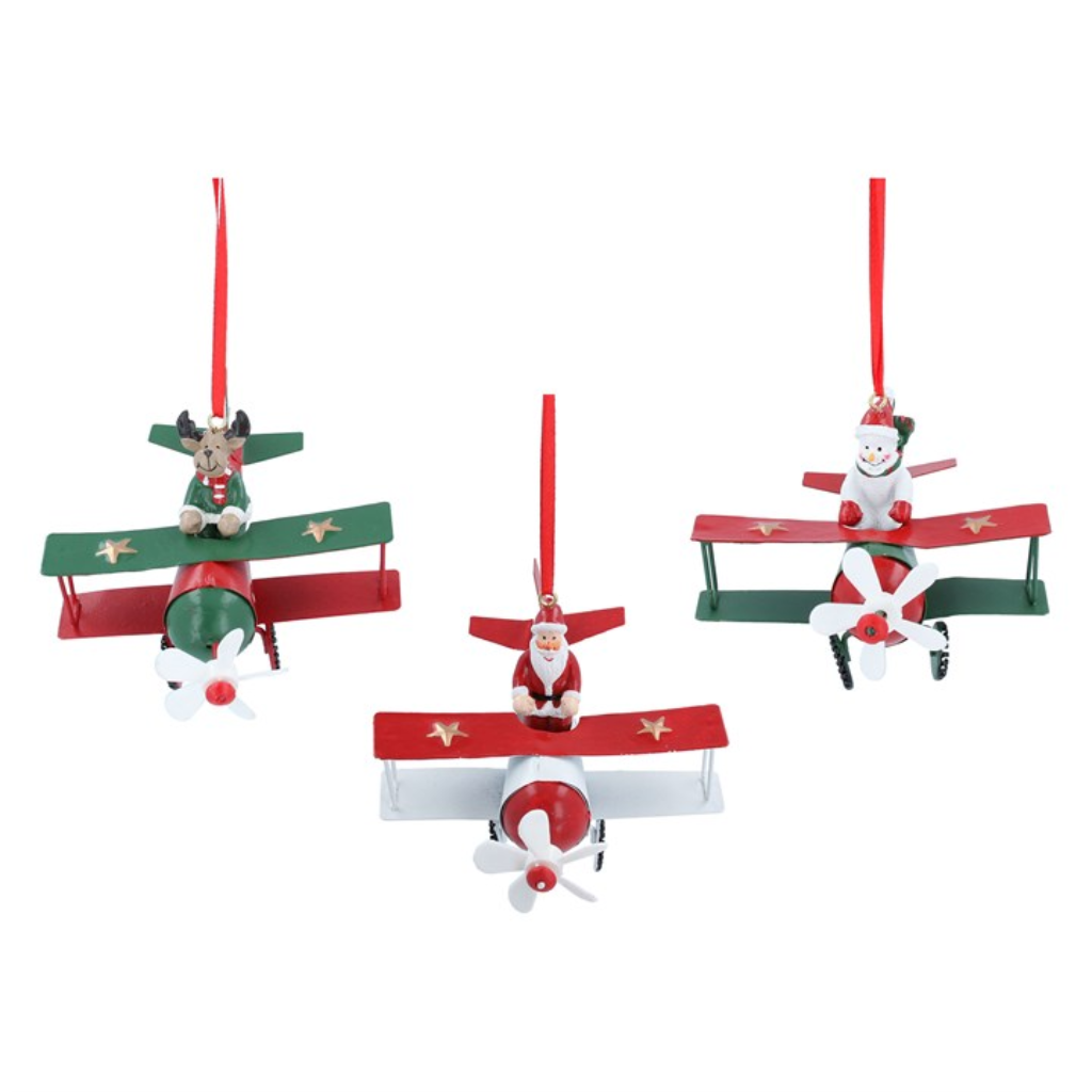 Three Christmas ornaments featuring airplanes with Santa Claus and reindeer Gisela Graham Mulligans of Ballaghaderreen