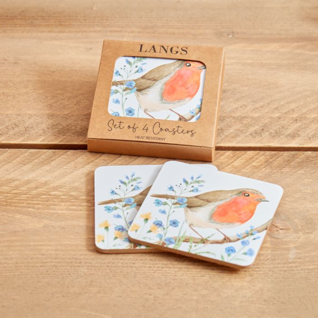 ROBIN FORGET ME NOT COASTER S/4 IN BOX HEAT RESISTANT WOOD 8CS131 Richard Langs Mulligans of Ballaghaderreen 
