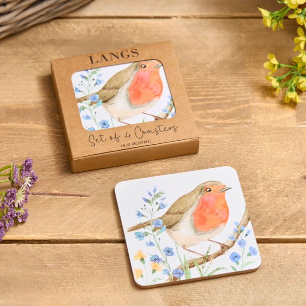 ROBIN FORGET ME NOT COASTER S/4 IN BOX HEAT RESISTANT WOOD 8CS131 Richard Langs Mulligans of Ballaghaderreen 