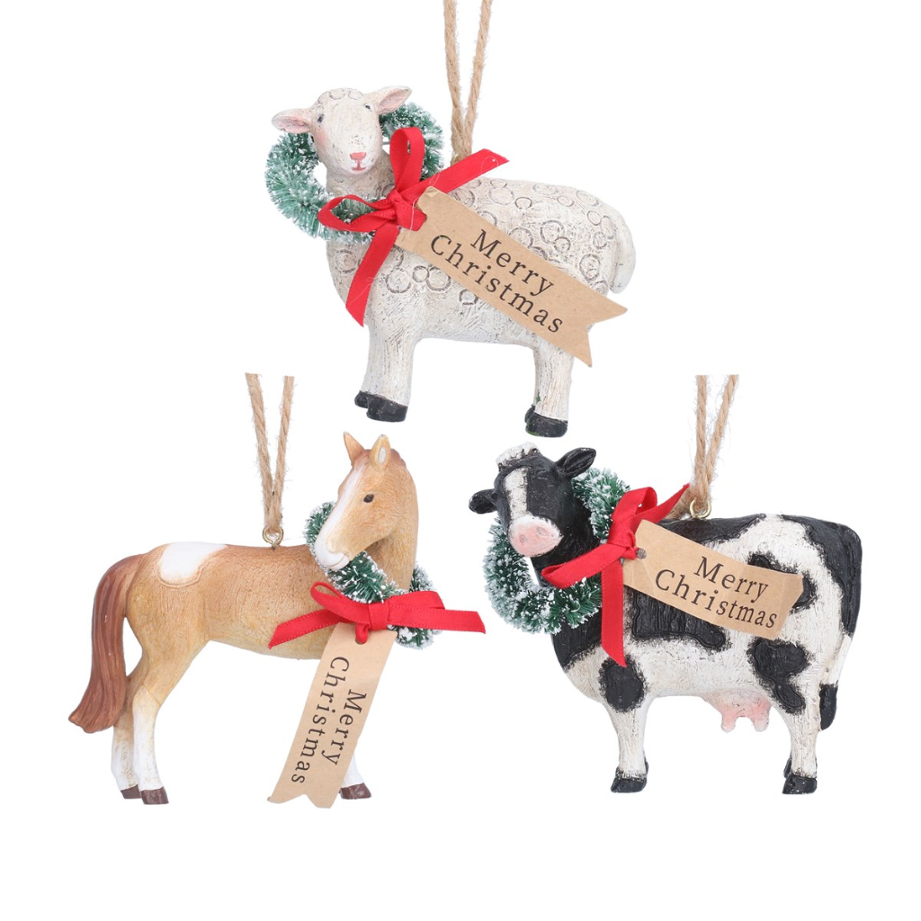 Resin Hanging Christmas Dec - Horse/Sheep/Cow w Wreath 10178 Gisela Graham Mulligans of Ballaghaderreen 