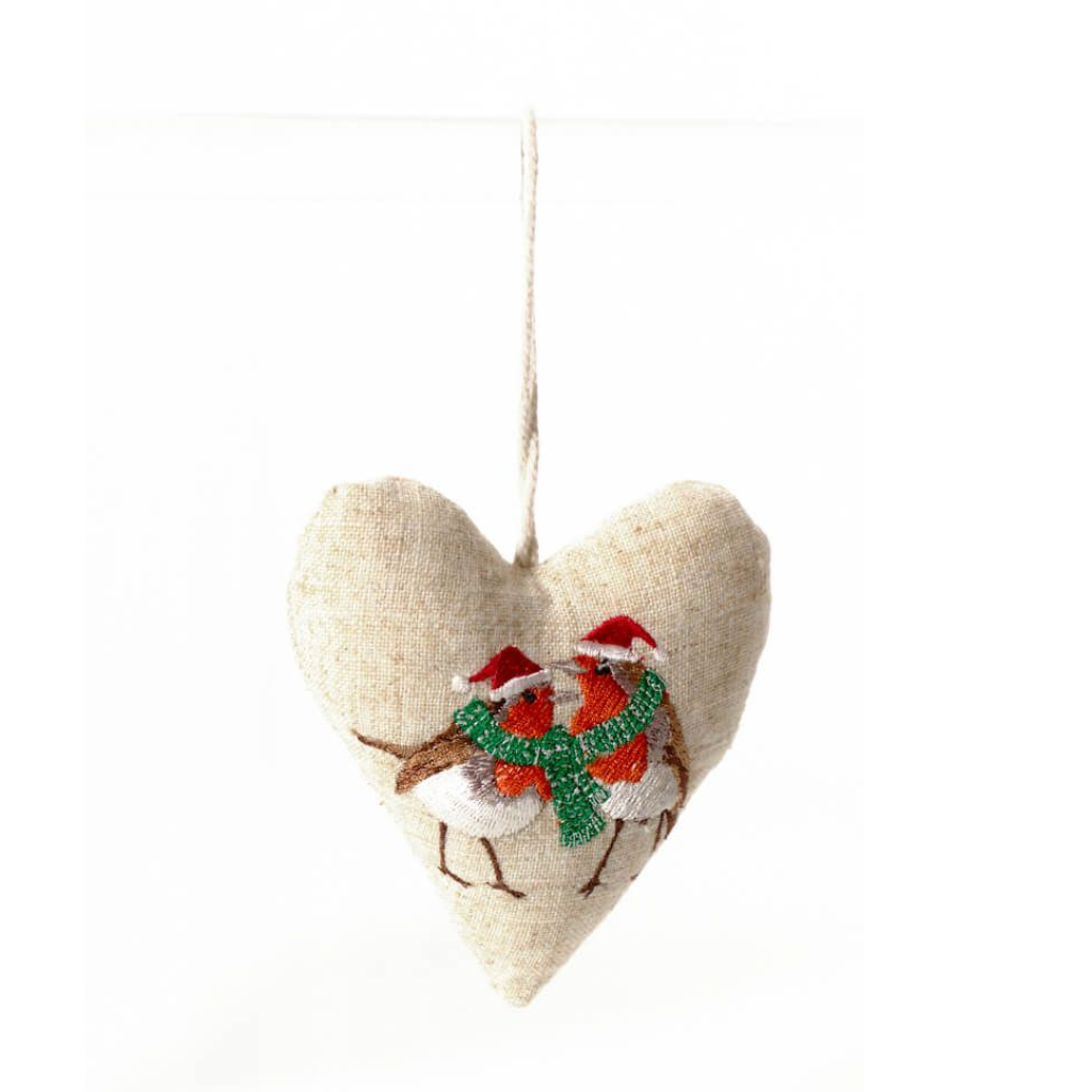 Robin Embroidered Hanging Cotton and Linen Hearts 4XA664 Richard Langs Mulligans of Ballaghaderreen