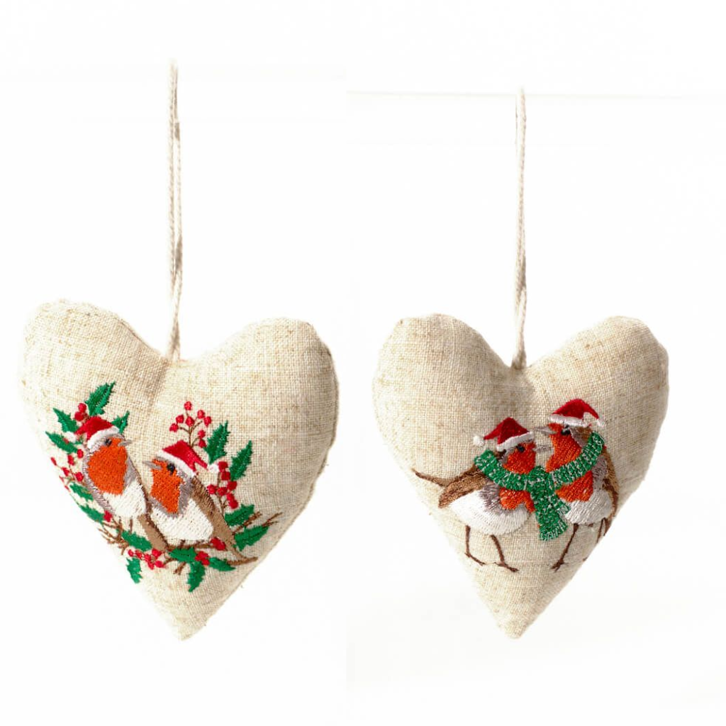 Robin Embroidered Hanging Cotton and Linen Hearts 4XA664 Richard Langs Mulligans of Ballaghaderreen