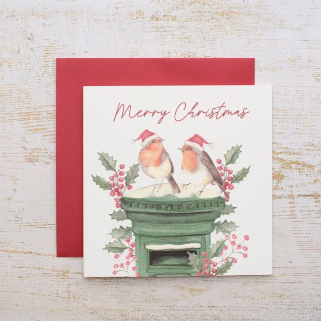 Robins on Green Post Box Christmas Card 4XA356 Richard Langs Mulligans of Ballaghaderreen