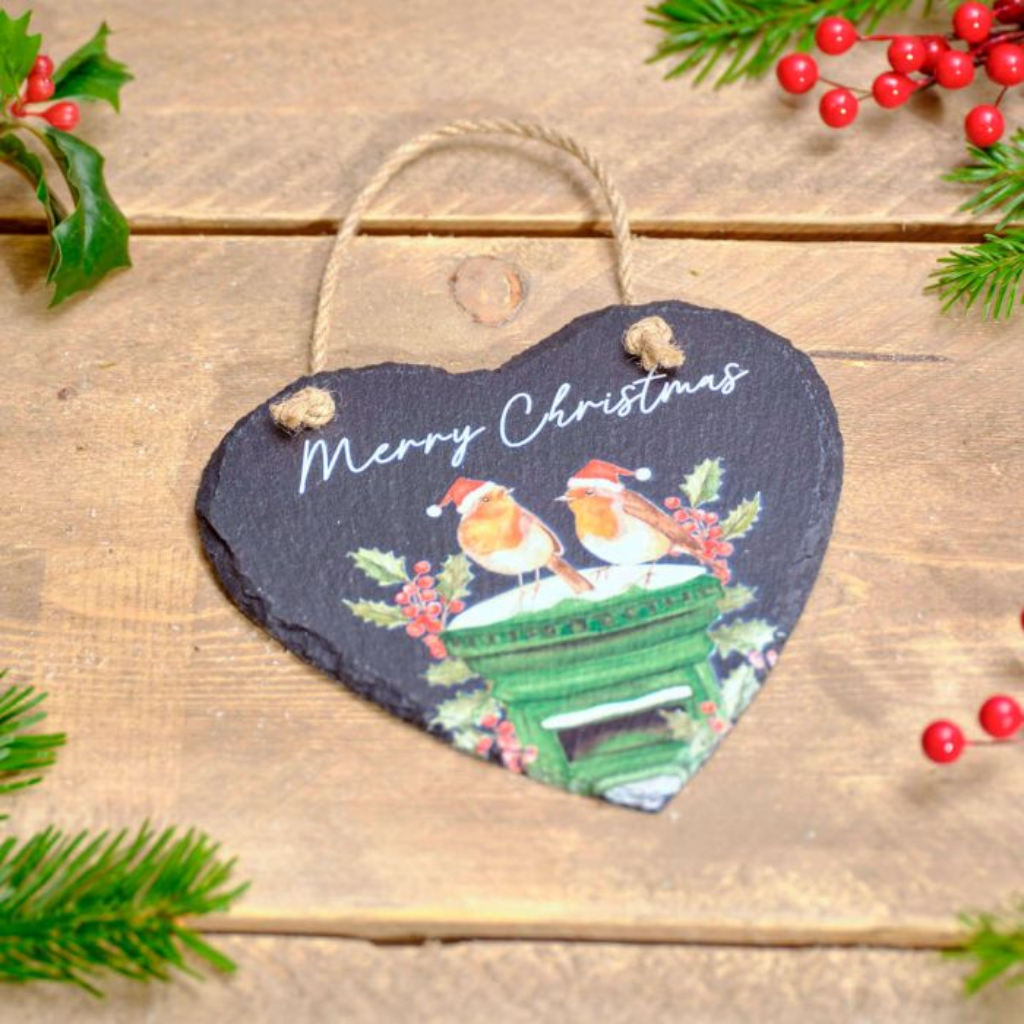 Robins on Post Box Heart Shaped Slate Hanger 7XA400 Richard Langs Mulligans of Ballaghaderreen