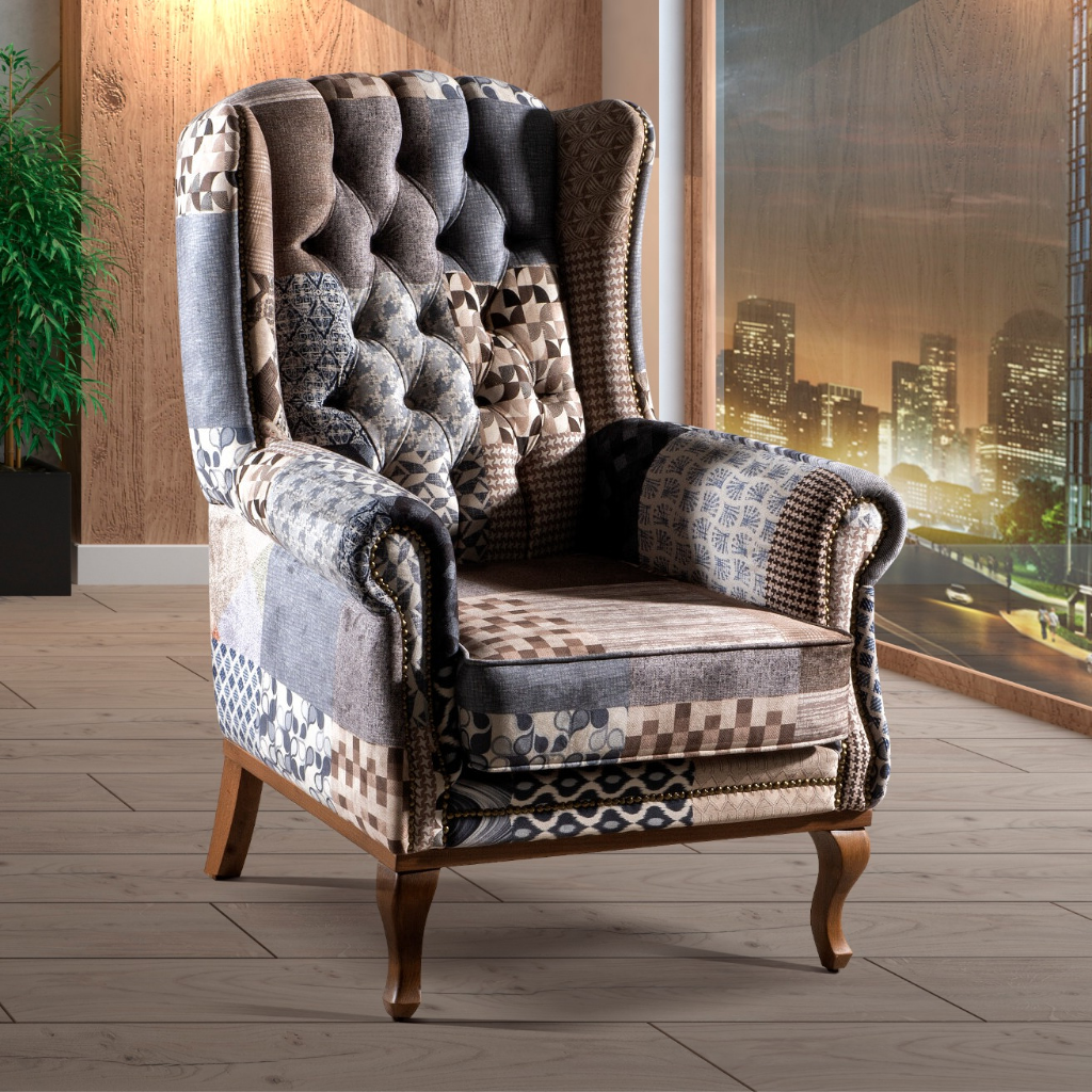 Grey Patchwork Wingback Armchair Mulligans of Ballaghaderreen