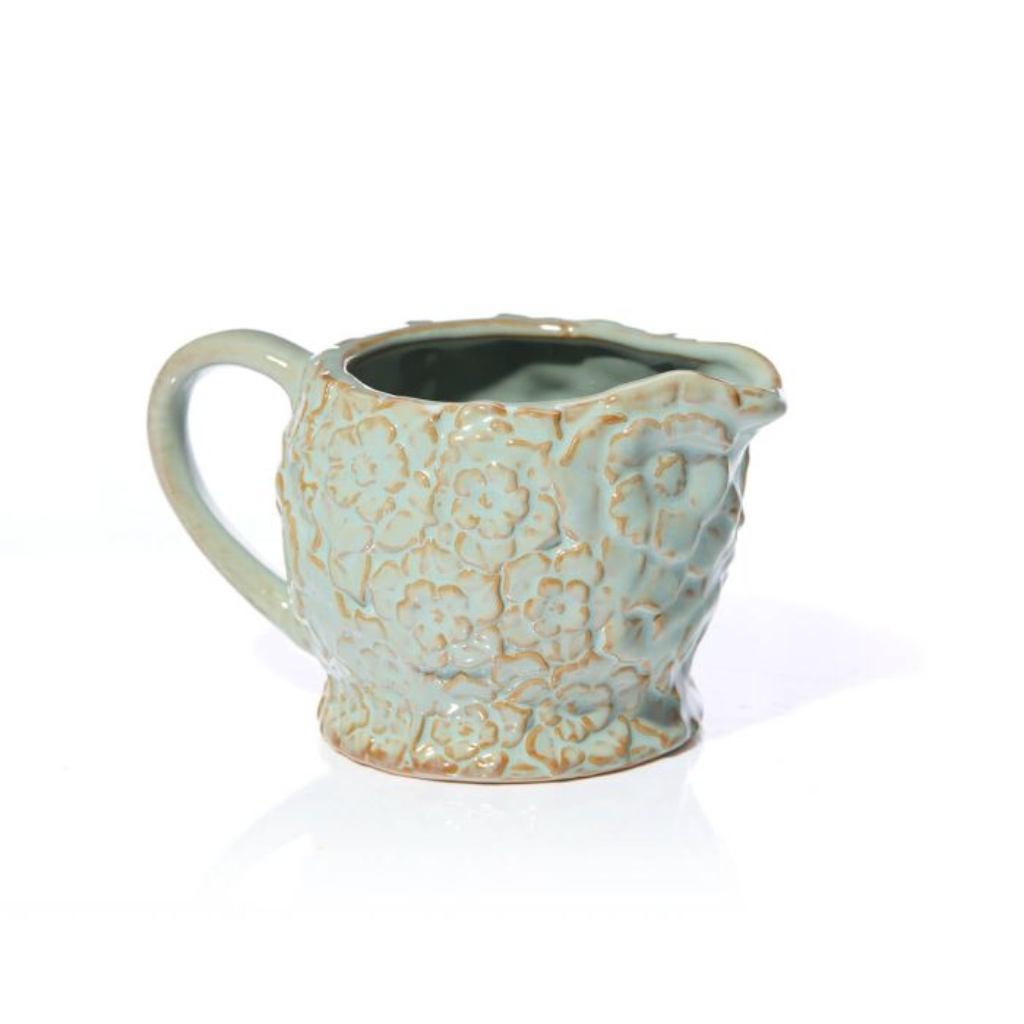 Stoneware Green Embossed Flower Jug 7EW212 Richard Langs Mulligans of Ballaghaderreen
