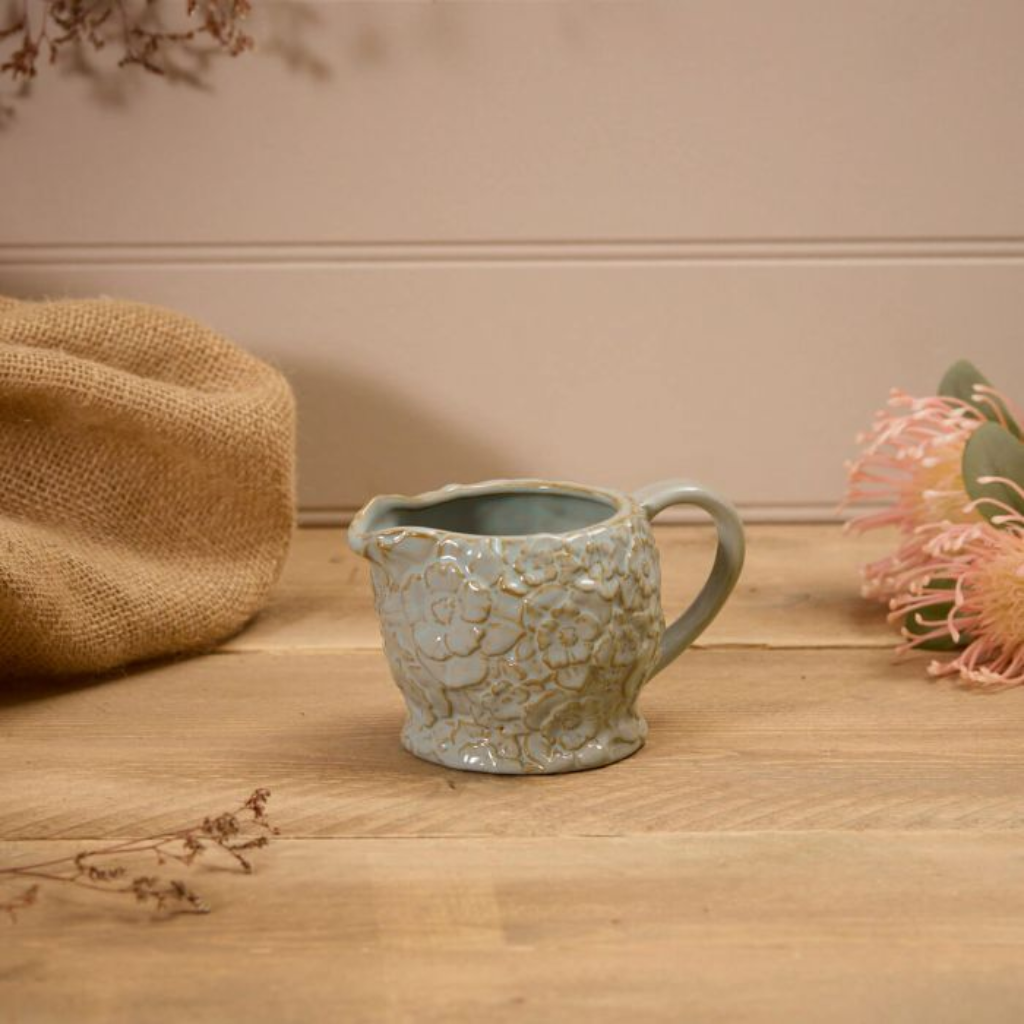 Stoneware Green Embossed Flower Jug 7EW212 Richard Langs Mulligans of Ballaghaderreen