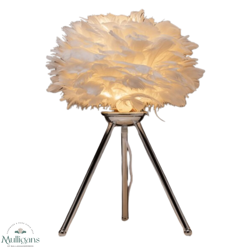 The Grange Collection Chrome Tripod Lamp with Feather Shade XT20 Kirkwood Mulligans of Ballaghaderreen