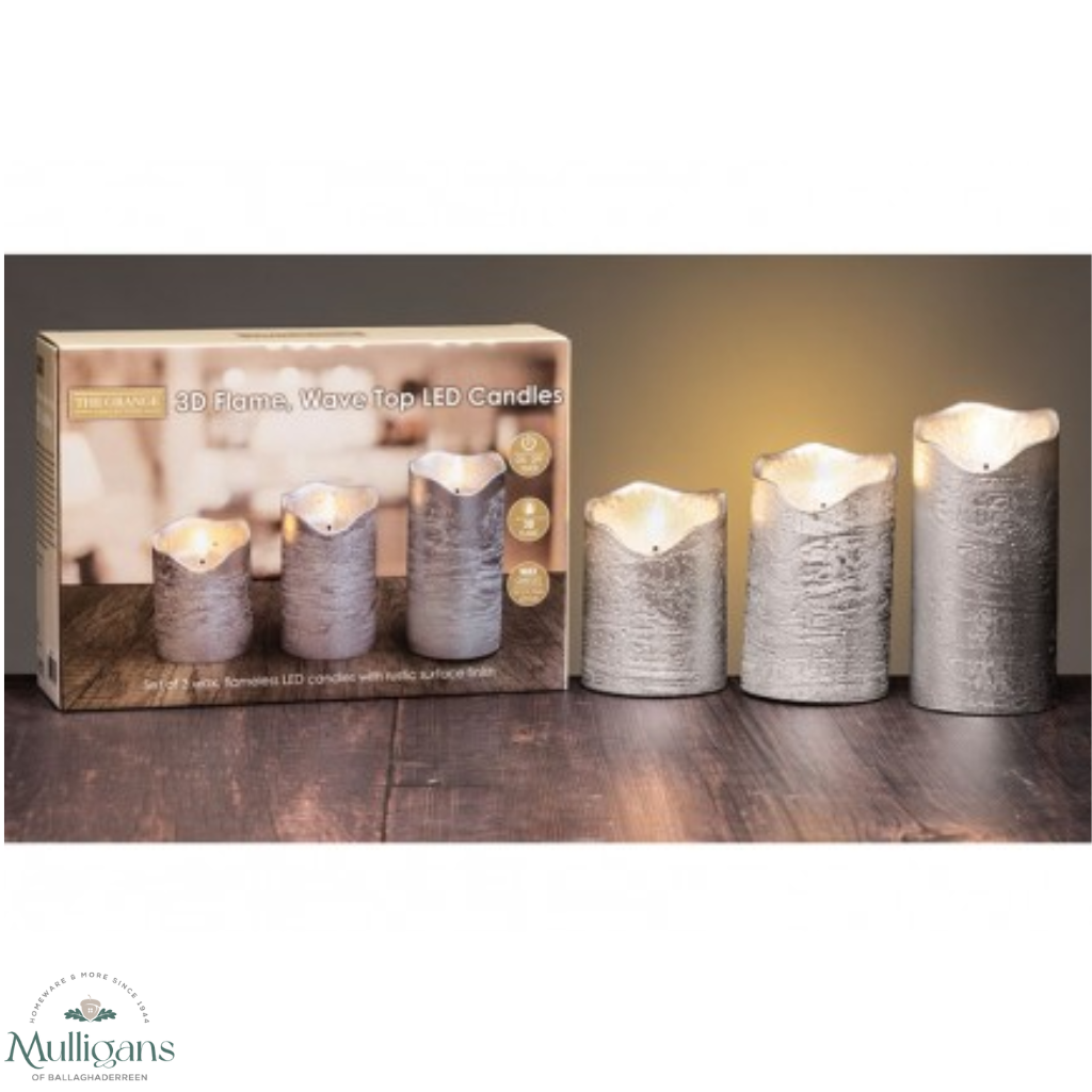 The Grange Collection Candle LED Candle Set of 3 in Silver EH22  Kirkwood Mulligans of Ballaghaderreen