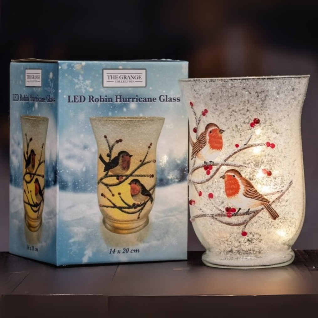 The Grange LED Glass Robin Hurricane Glass 14x20cm SN32 Kirkwood Mulligans of Ballaghaderreen 