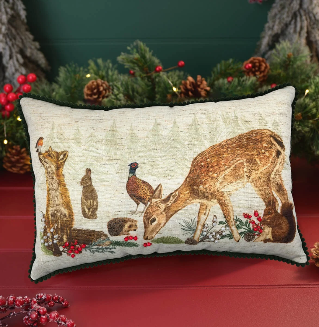 Woodland Noel Pom Pom Trim Animal Print Beaded Cushion 4WN306 Richard Lang Mulligans of Ballaghaderreen