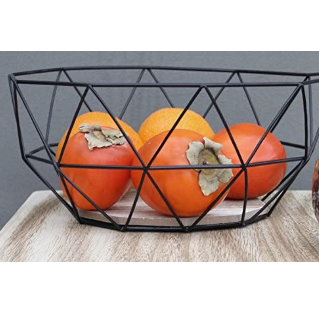 Matt black Metal Geometric Wire and wood Geo Fruit Bowl 